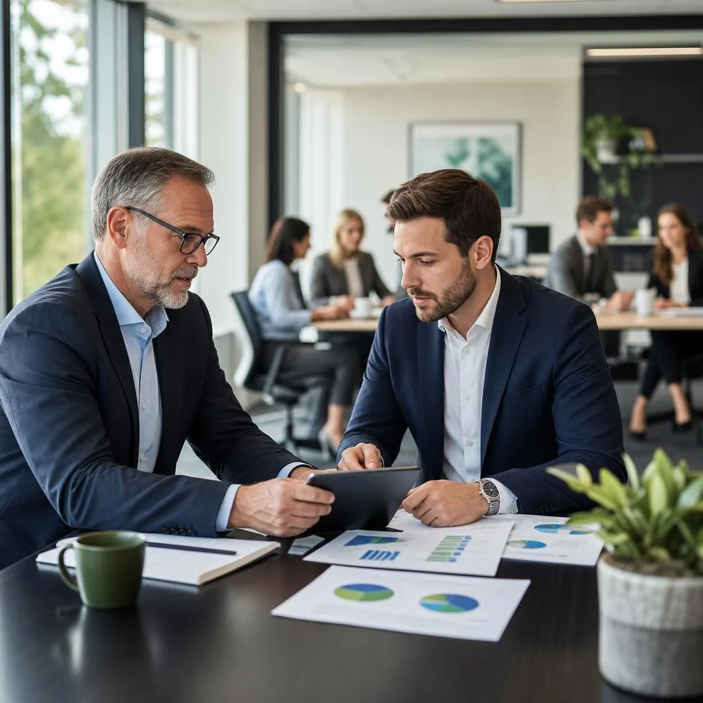 A professional modern accounting office during a leadership handoff: two business leaders reviewing a clear transition plan o