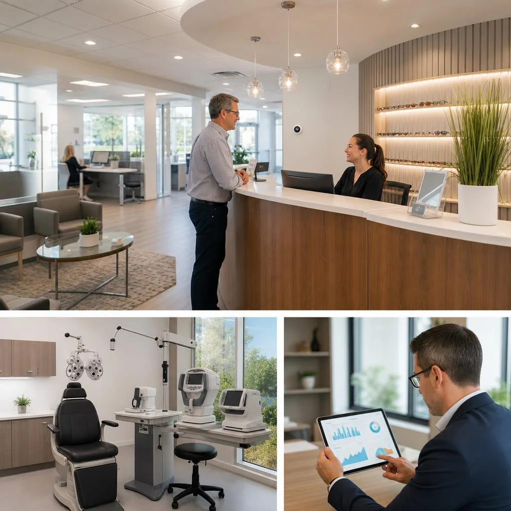 A professional modern optometry clinic during business hours, showing a bright welcoming reception area, clean examination ro