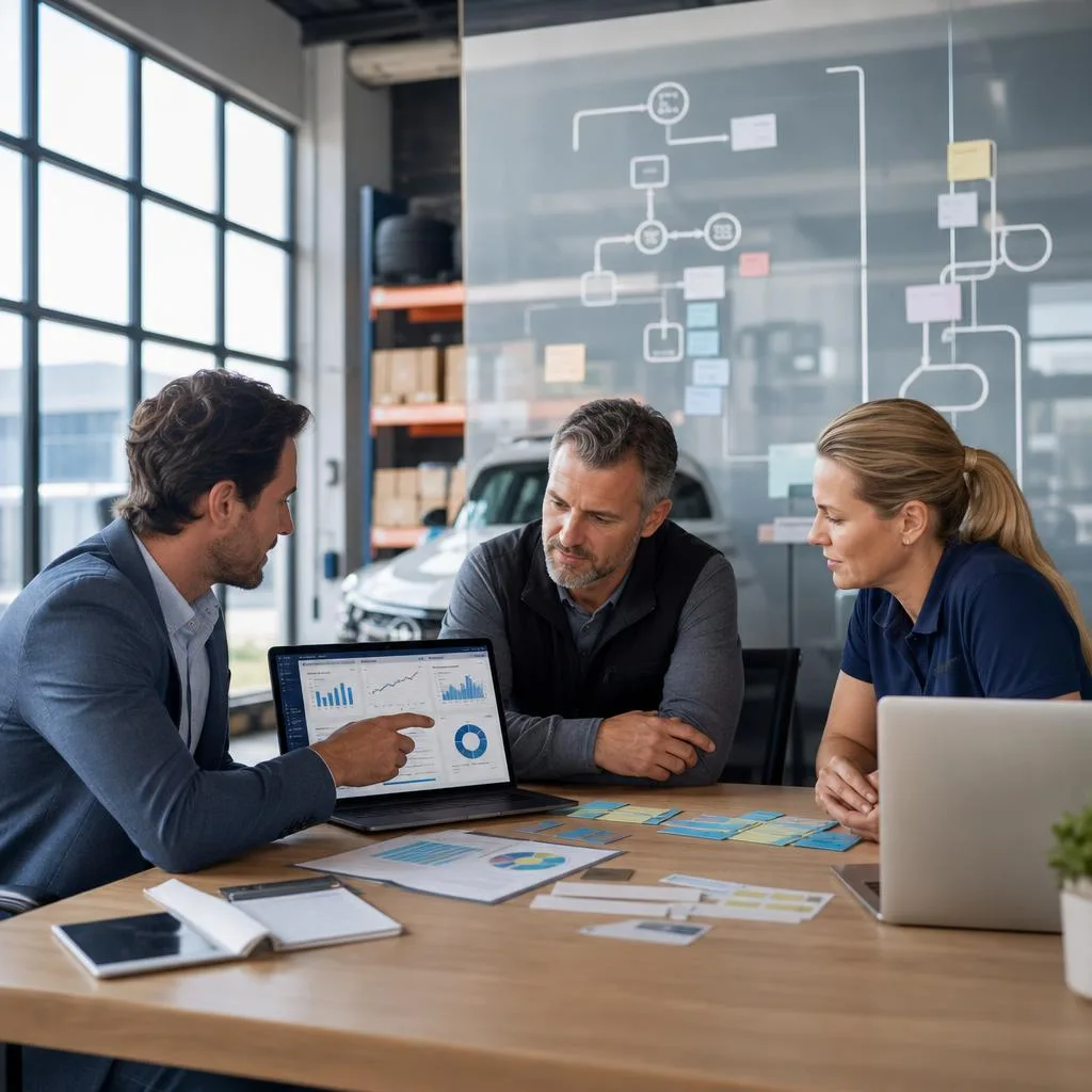 A professional modern office and workshop scene showing a business consultant reviewing a clear operations dashboard with a s