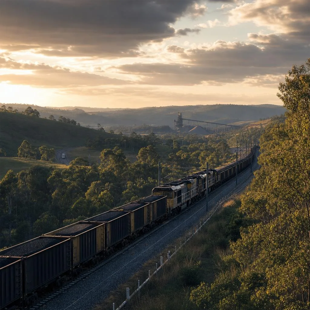 A professional editorial scene of a heavy freight coal train traveling through the broad Hunter Valley landscape in New South