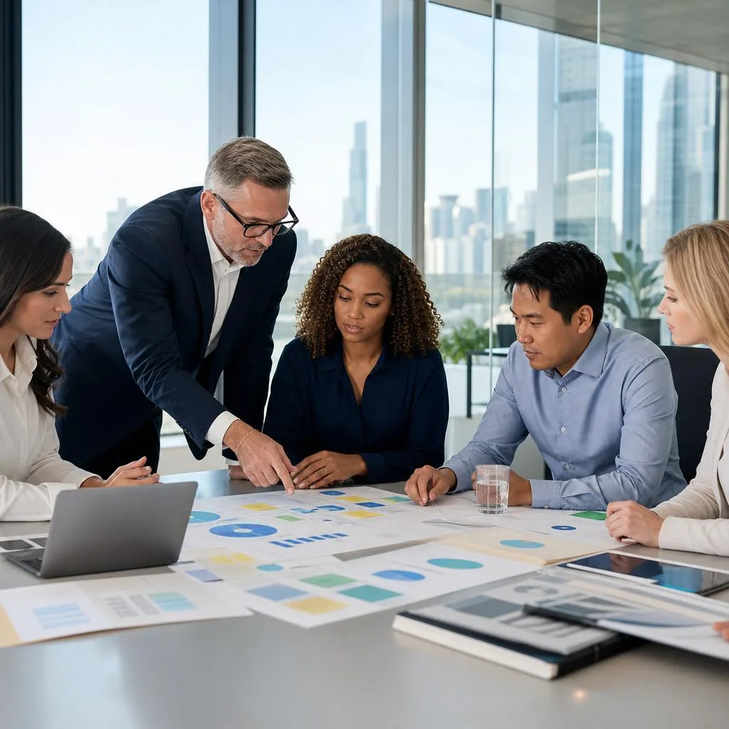 A professional business leadership scene in a modern bright office, showing an experienced operations executive working with