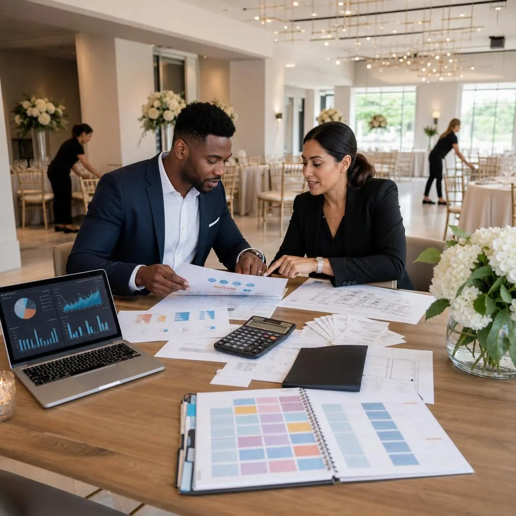 A professional event venue office and reception space during a detailed financial planning session, with a diverse business o