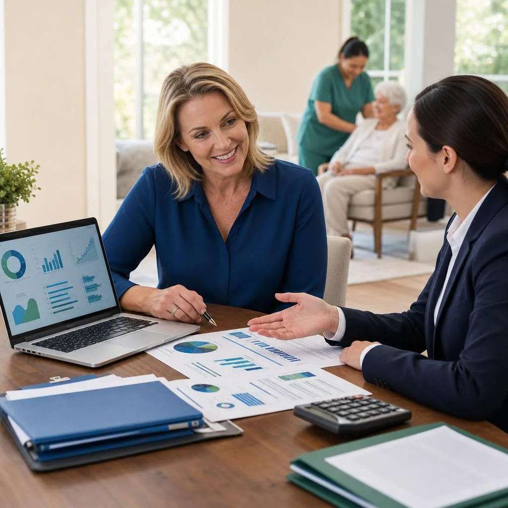 A professional office scene showing a confident home care business owner reviewing clean financial dashboards with a consulta