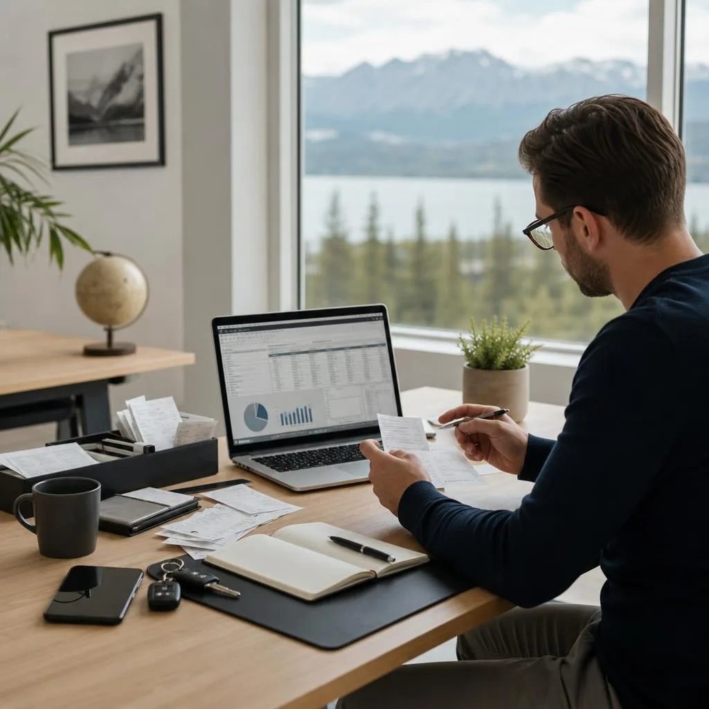 A professional modern home office scene in Canada showing a business owner reviewing organized receipts, invoices, a laptop w