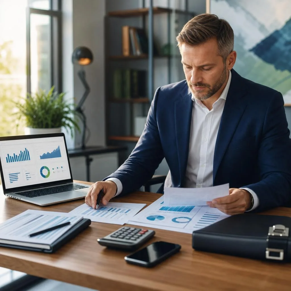 A professional modern workspace with a business owner reviewing organized financial documents and a laptop showing abstract b