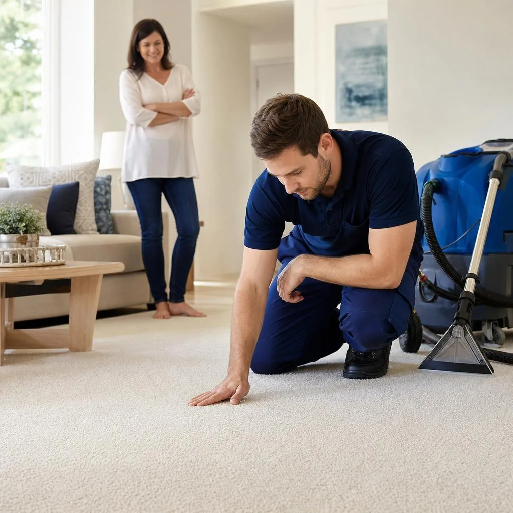 professional editorial photograph of a modern carpet cleaning technician in a bright, well-kept home, carefully inspecting a