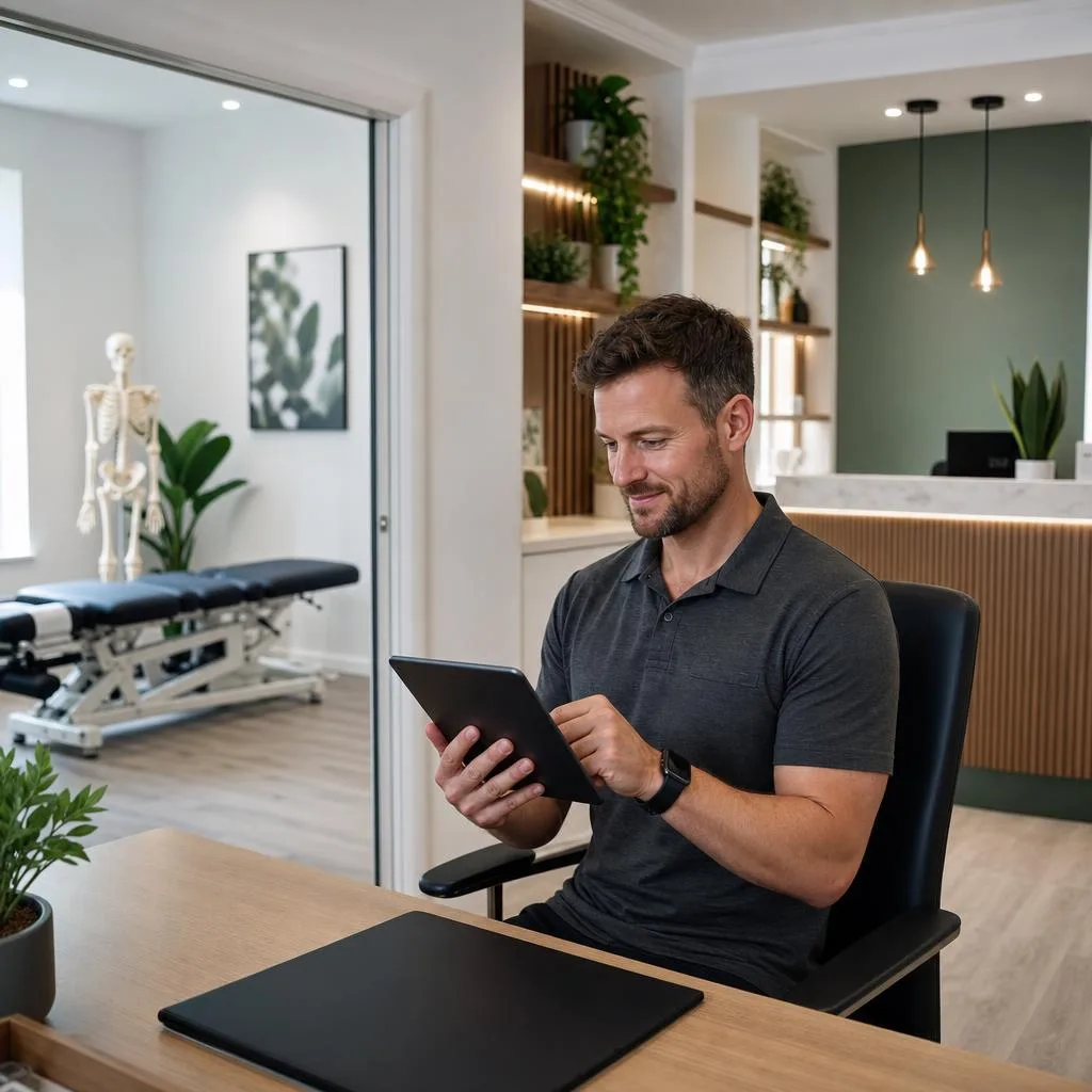 A professional modern chiropractic clinic interior in the United Kingdom, showing a confident chiropractor reviewing a clean