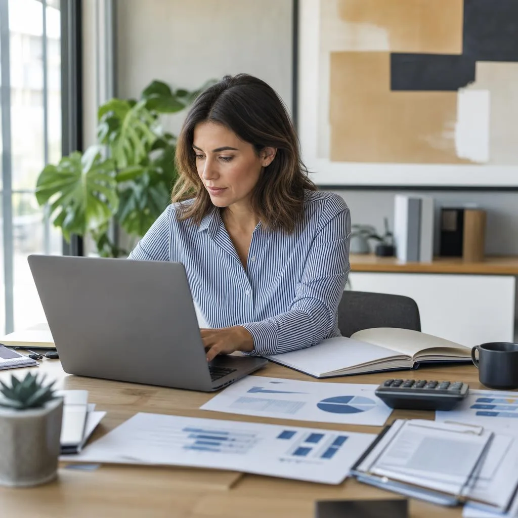 A professional modern workspace scene showing a small business owner reviewing cash flow charts and financial documents on a