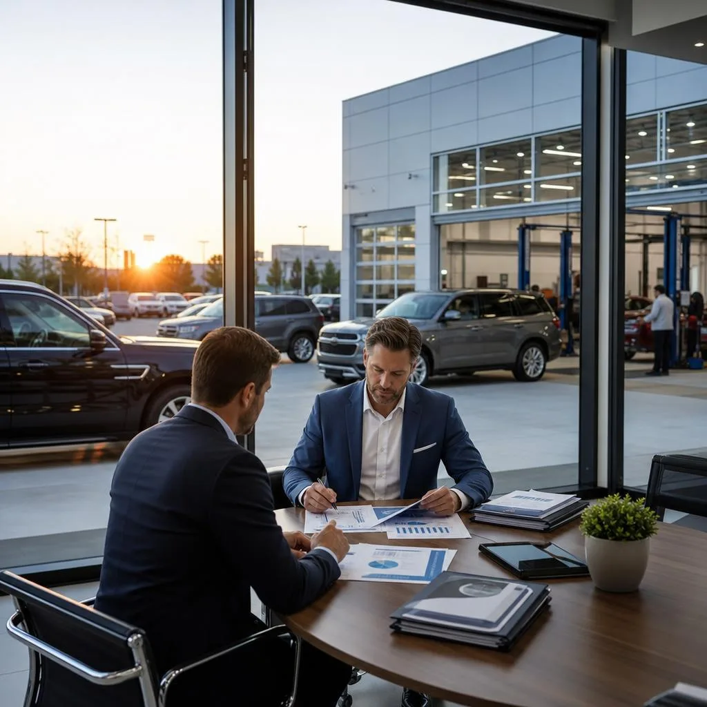 A professional automotive dealership at sunrise, showing a modern showroom with several polished new and used vehicles, a ser