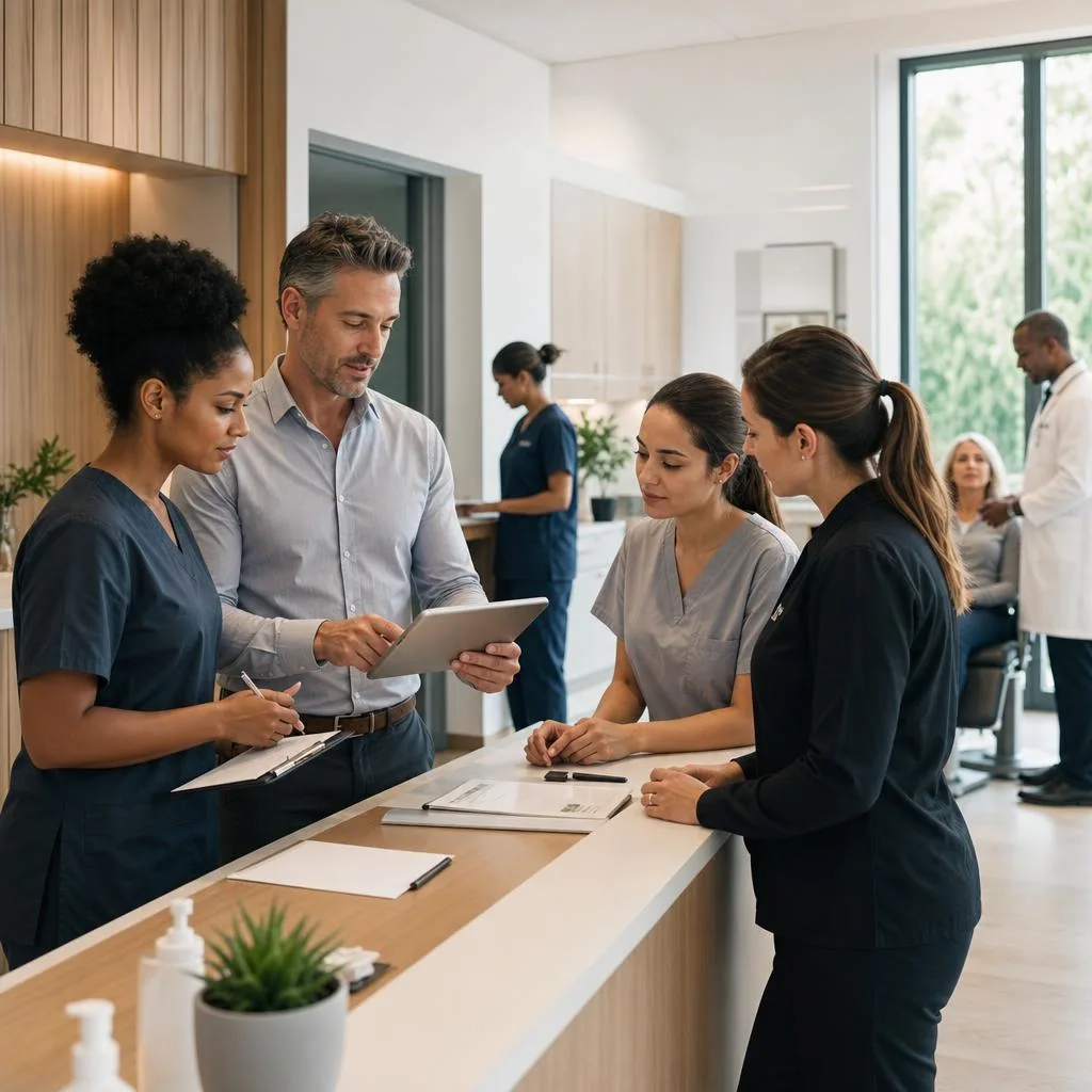 A professional modern medical clinic operations scene showing a confident clinic owner reviewing a workflow dashboard with a