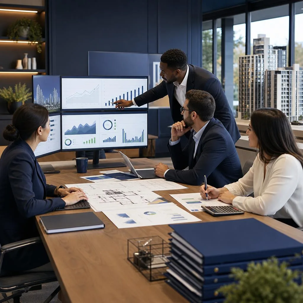 A professional business scene showing a modern real estate brokerage operations workspace with a diverse team reviewing trans