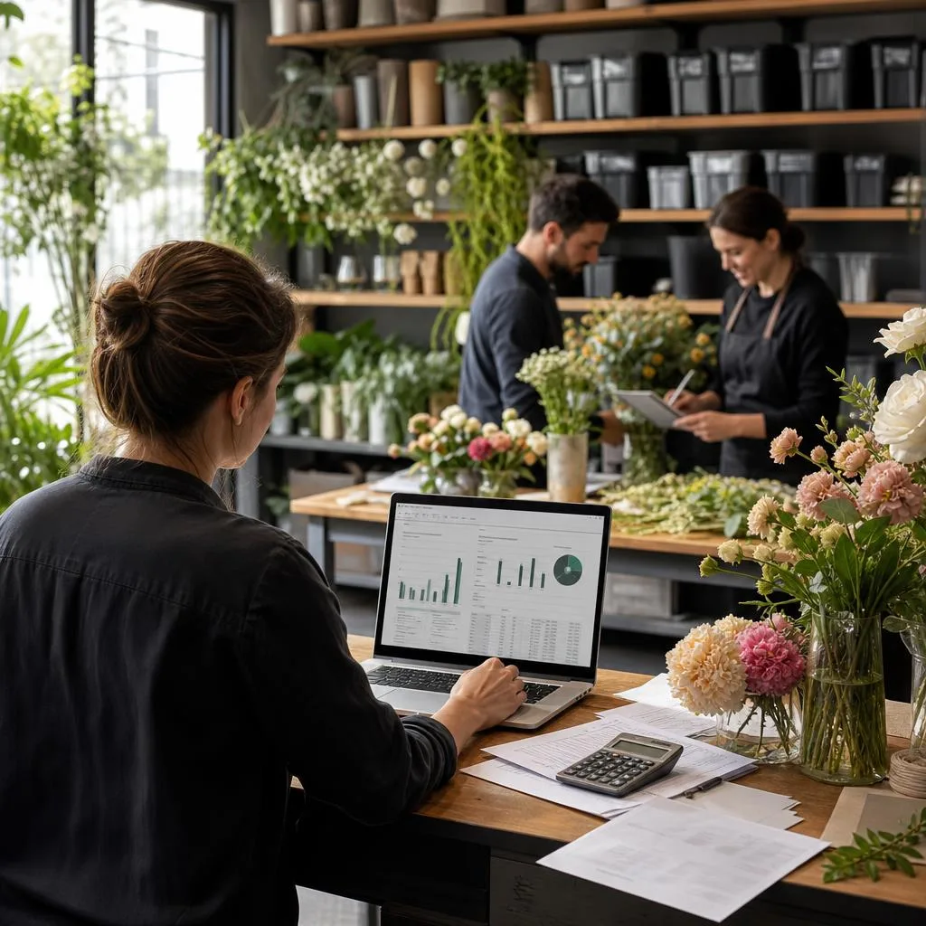 A professional modern flower shop office and design studio, with a florist reviewing organized financial charts on a laptop b