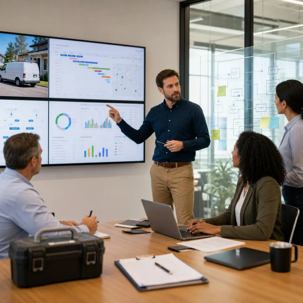 A professional modern business operations scene in a bright consulting office: a diverse small business leadership team revie
