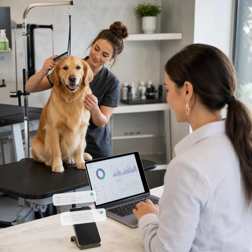 A professional modern pet grooming salon with a groomer in a clean branded workspace gently caring for a freshly groomed gold