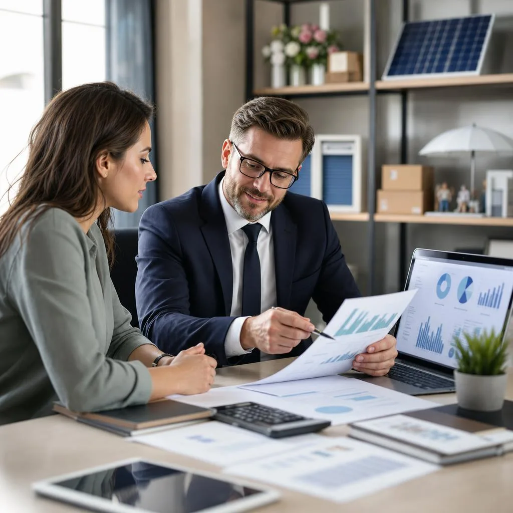 A professional modern office scene showing a confident business owner reviewing clear financial reports with an accountant at