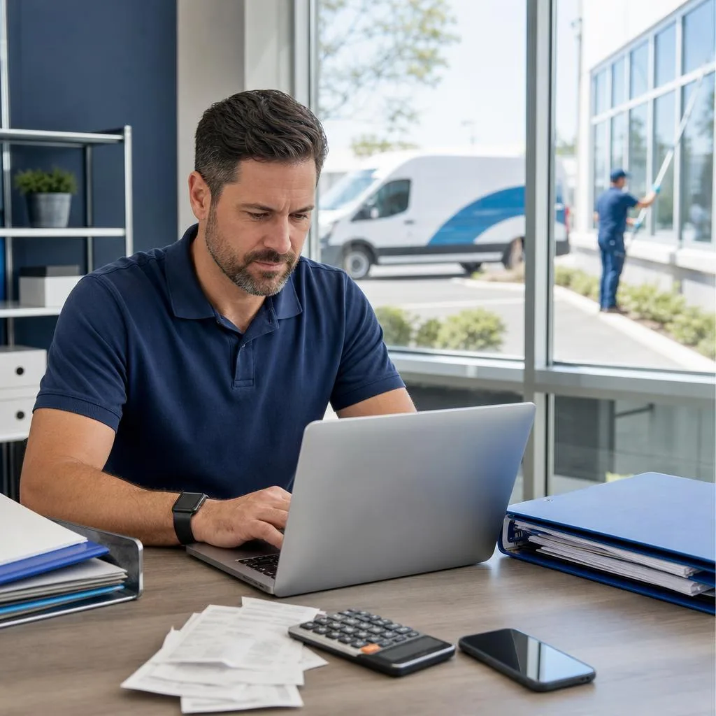 A professional photograph of a modern cleaning business owner reviewing financial reports on a laptop at a bright, organized