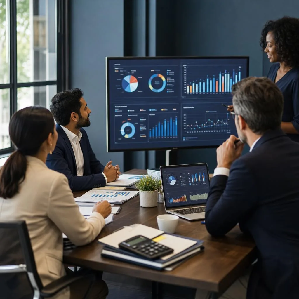 A professional modern PR agency finance scene in a bright contemporary office, with diverse agency leaders reviewing colorful