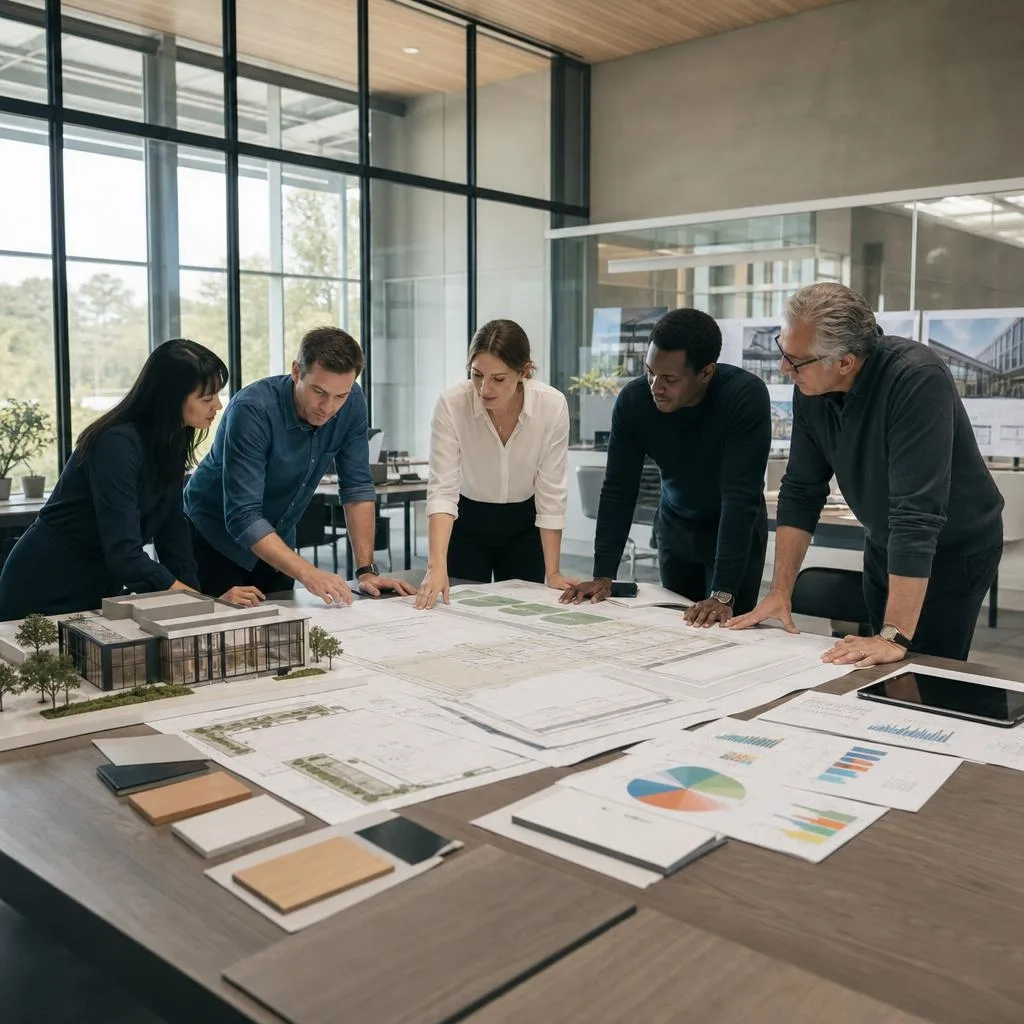 A professional modern architecture and engineering studio during a strategic planning session, diverse business leaders gathe