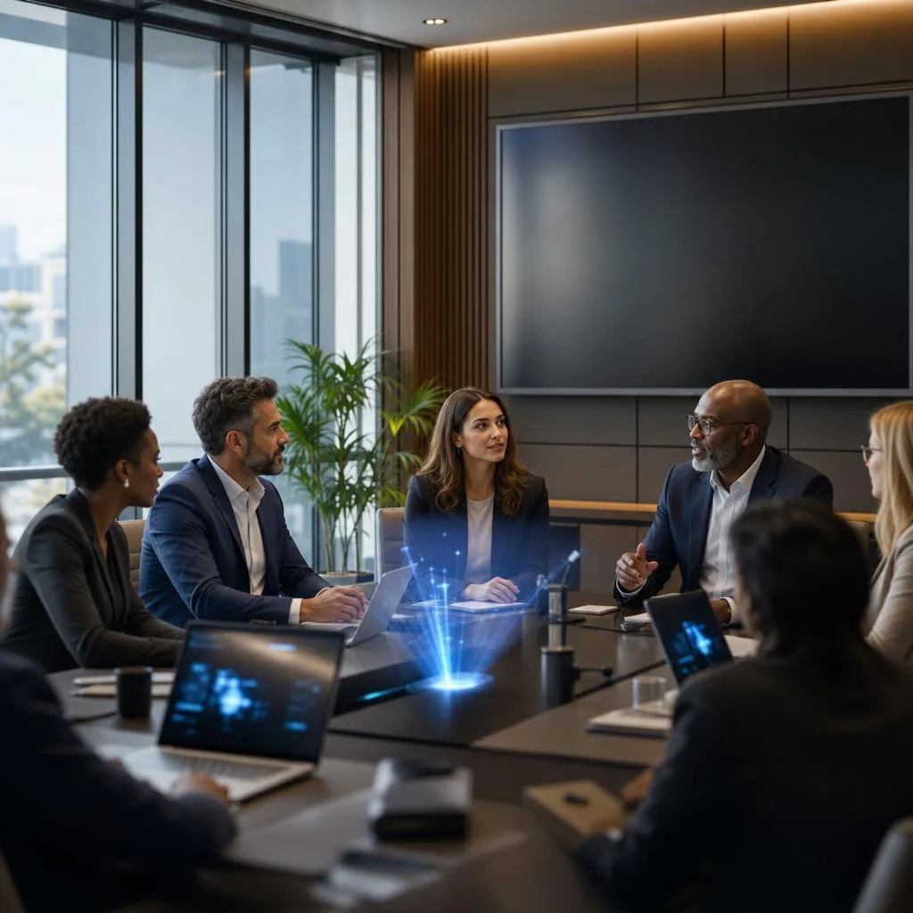 A modern business meeting in a bright, premium conference room, diverse business owners and team members seated around a tabl