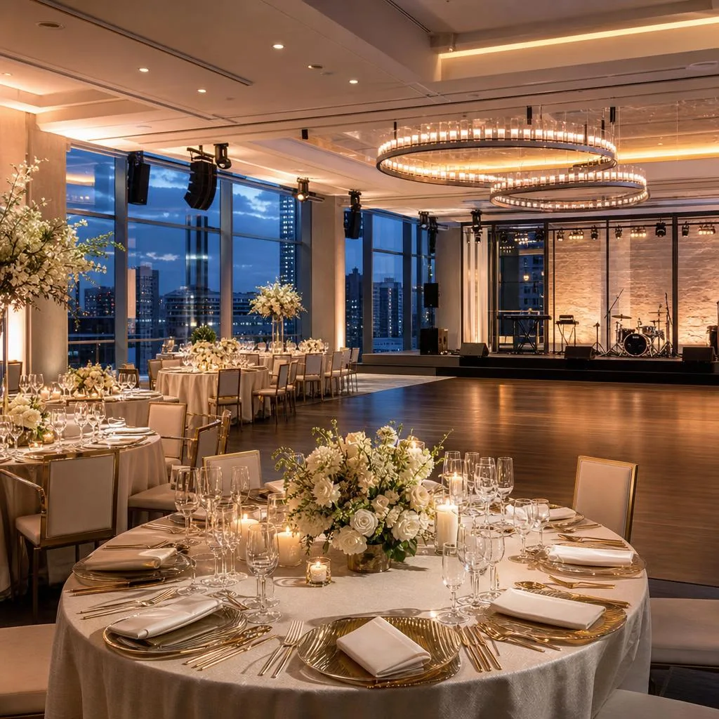 A professional interior of a modern event venue prepared for a sophisticated wedding and corporate gathering, with elegant ba