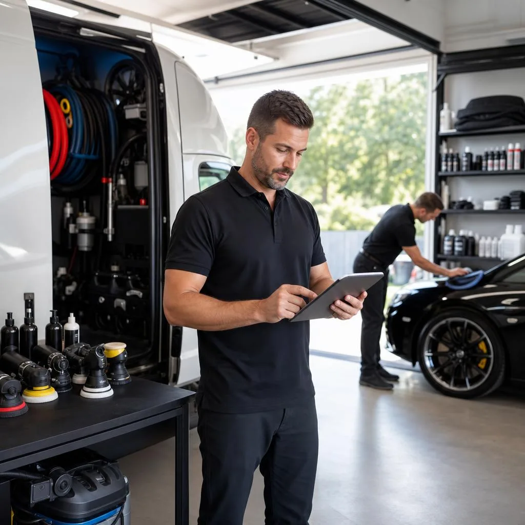 A professional business scene showing a successful auto detailing shop owner reviewing financial plans on a tablet beside a s