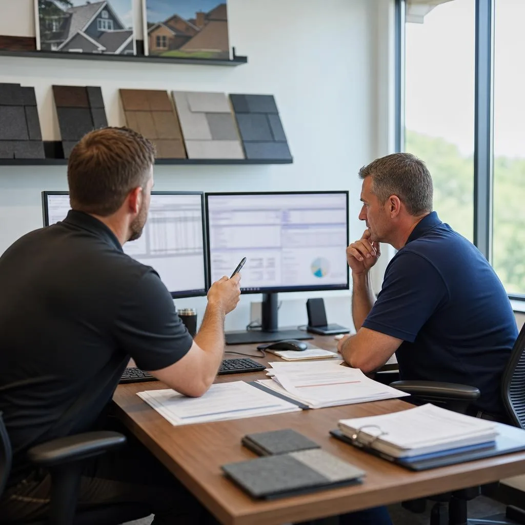 A professional modern office scene inside a successful roofing company, with a focused business owner and operations manager