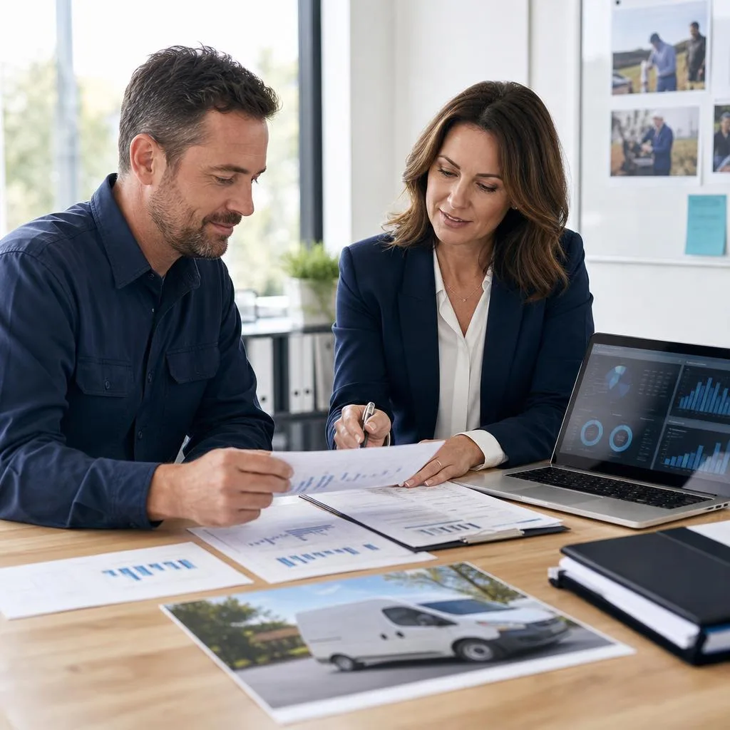A professional business planning scene in a modern, bright office: a confident small business owner and a financial adviser r