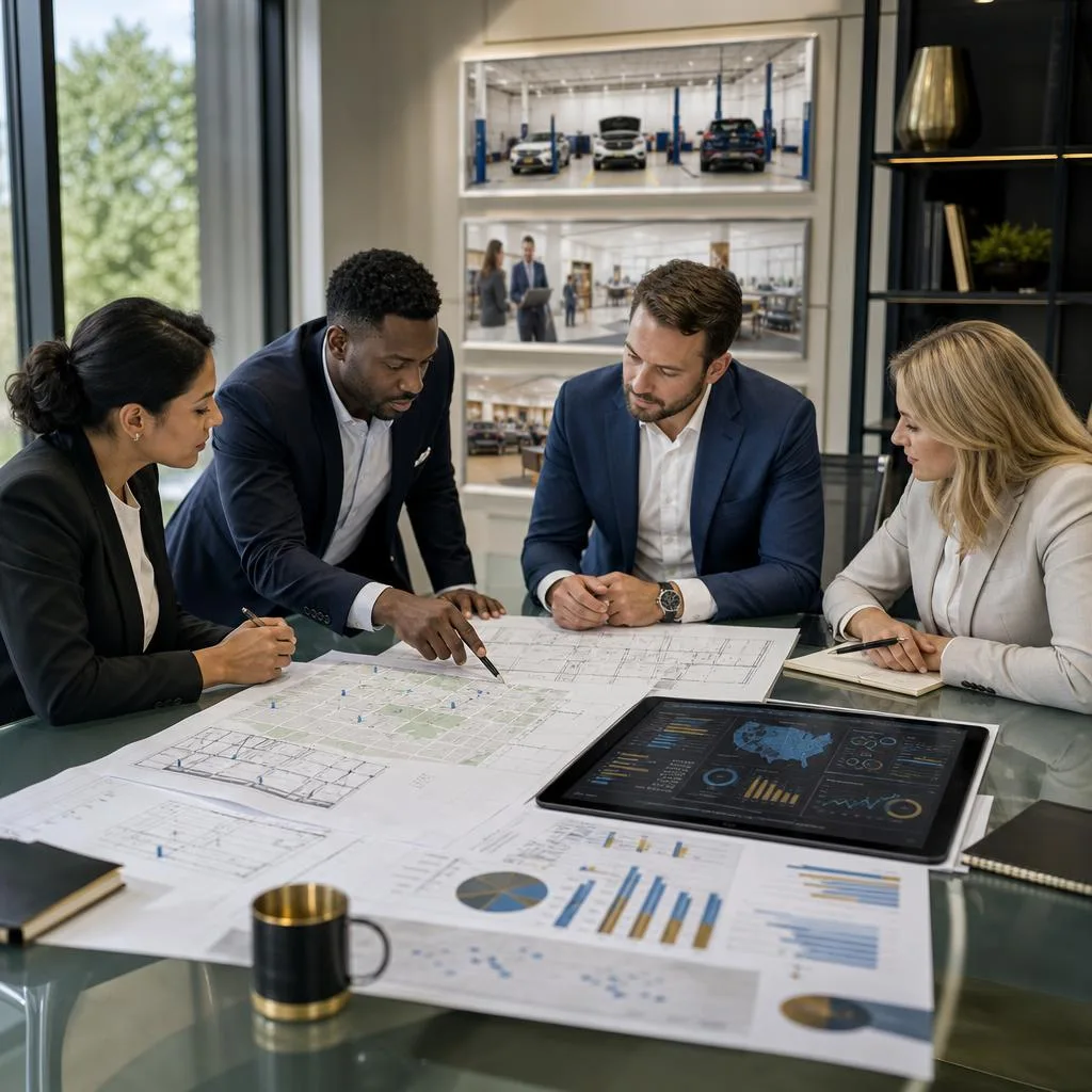 A professional business strategy scene showing a modern consulting team reviewing a large multi-location expansion plan on a