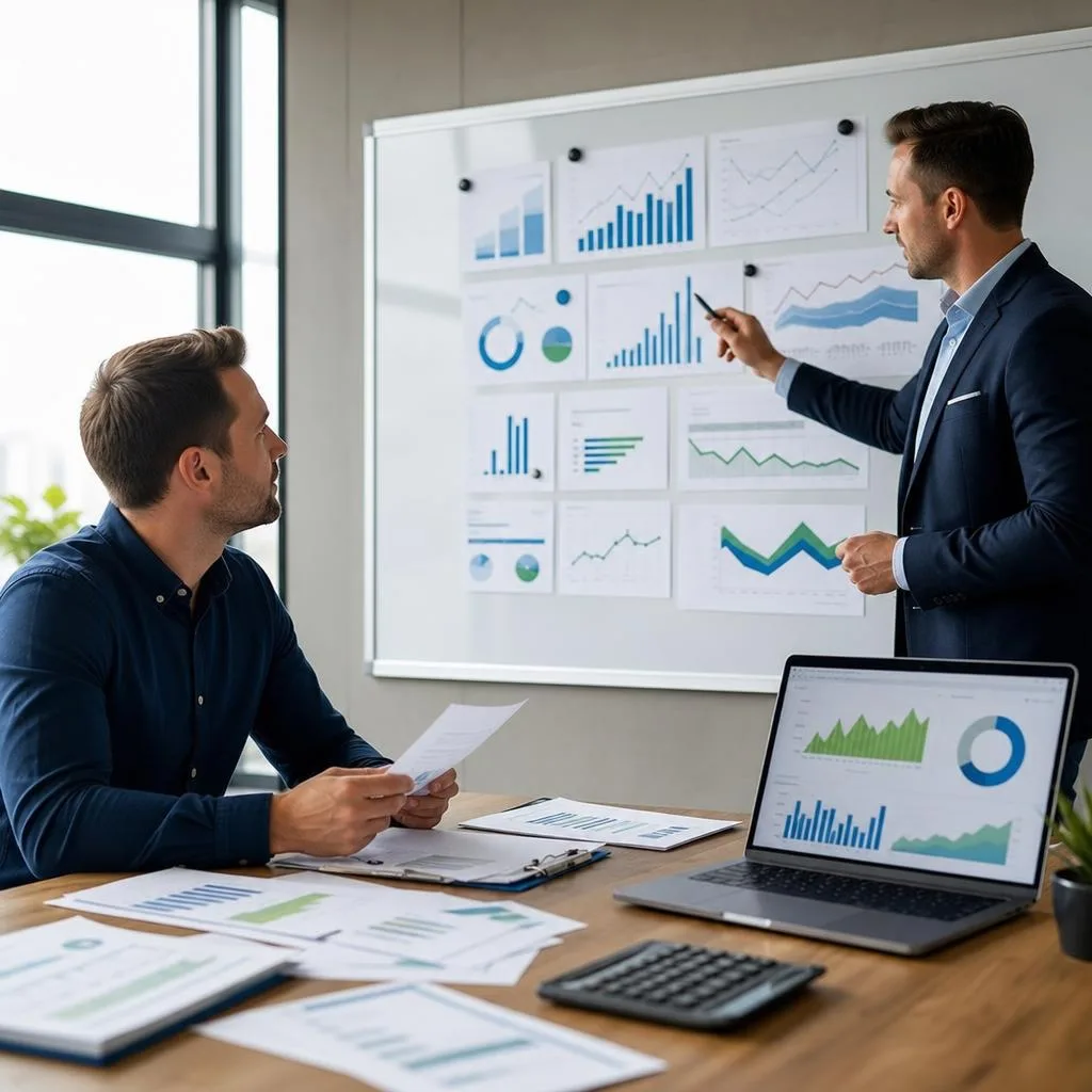 A professional modern business finance scene showing a confident small business owner reviewing cash flow charts, invoices, a