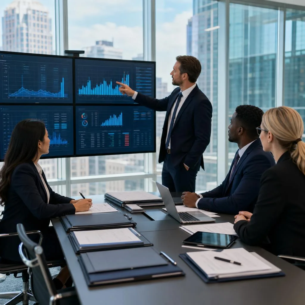 A professional modern brokerage operations scene with a diverse business team reviewing transparent commission dashboards on