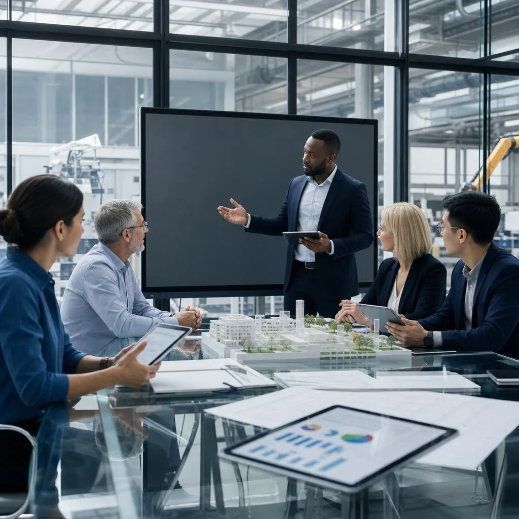 A professional modern business scene showing a diverse leadership team in a bright glass-walled strategy room reviewing finan