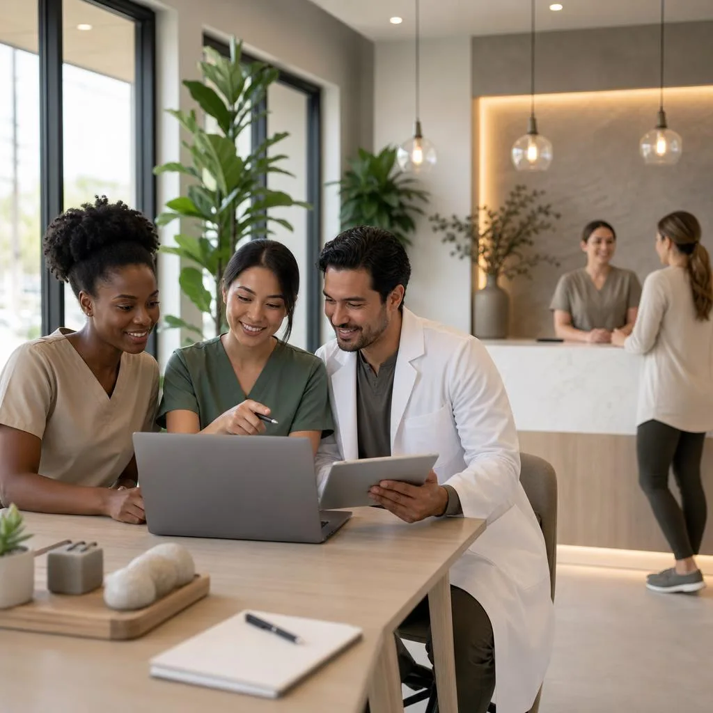 A professional modern wellness clinic marketing scene showing a bright treatment room with natural light, a diverse clinic te