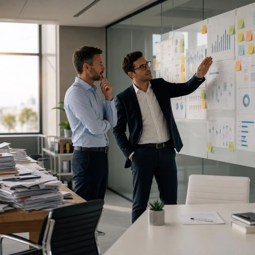 A professional modern business consulting scene in a bright executive office, showing a confident business owner and consulta
