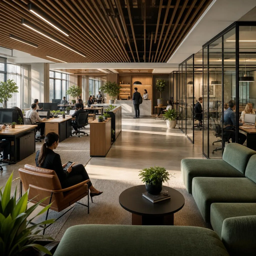 A professional coworking space at golden morning light, showing a balanced mix of occupied hot desks, glass-walled private of