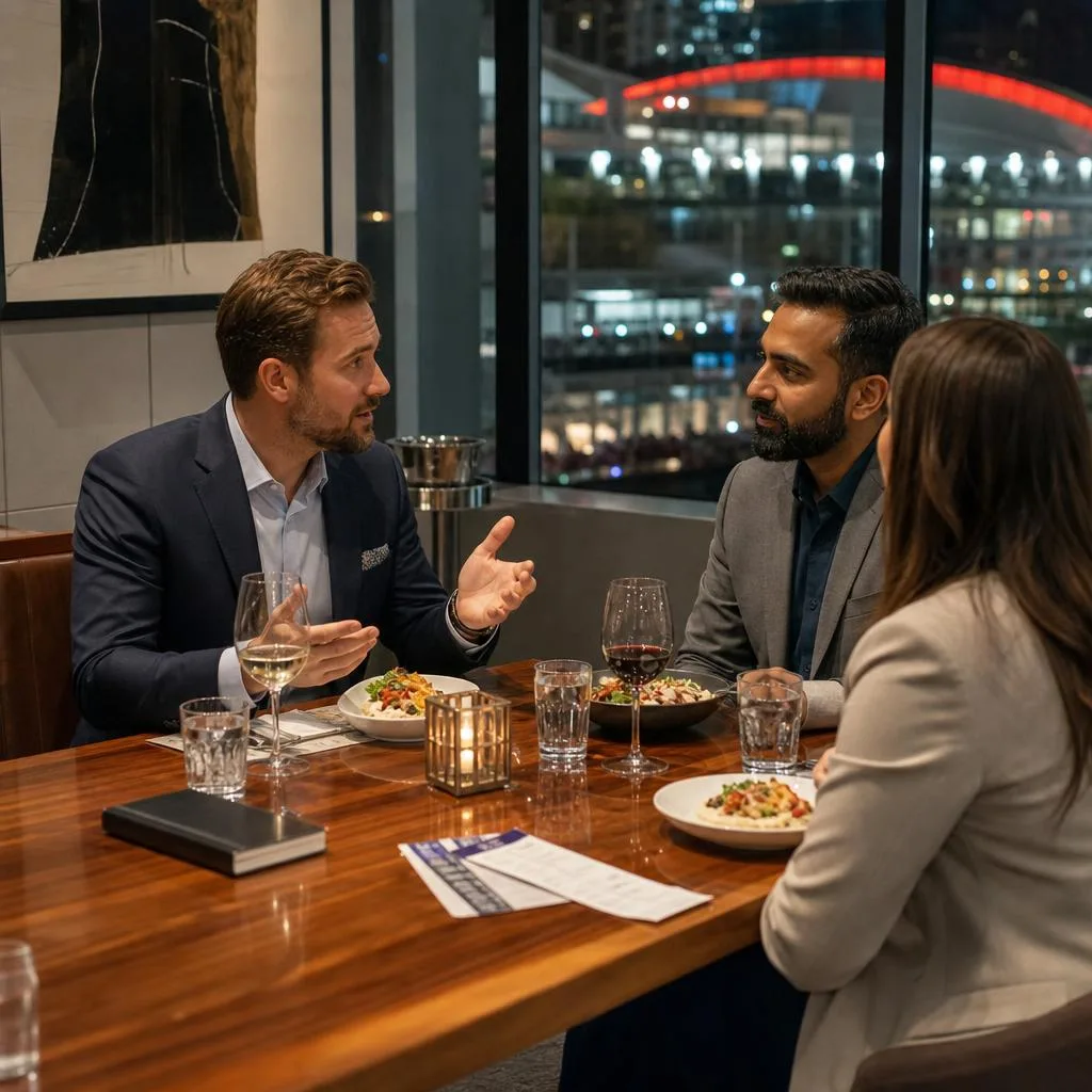 A professional business dinner in a modern Canadian restaurant, showing a diverse small-business owner speaking with two clie