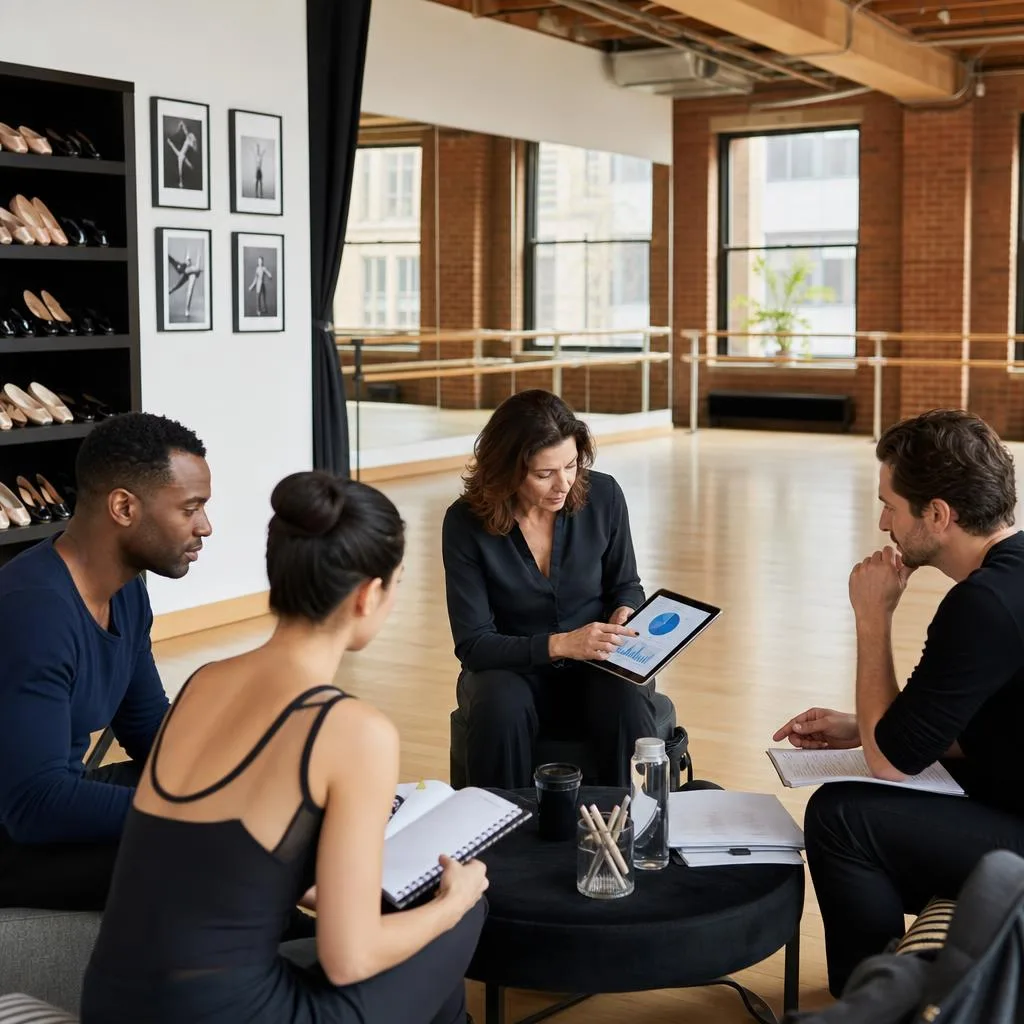 A professional modern dance studio during a business planning session, with a diverse group of studio owners and managers rev