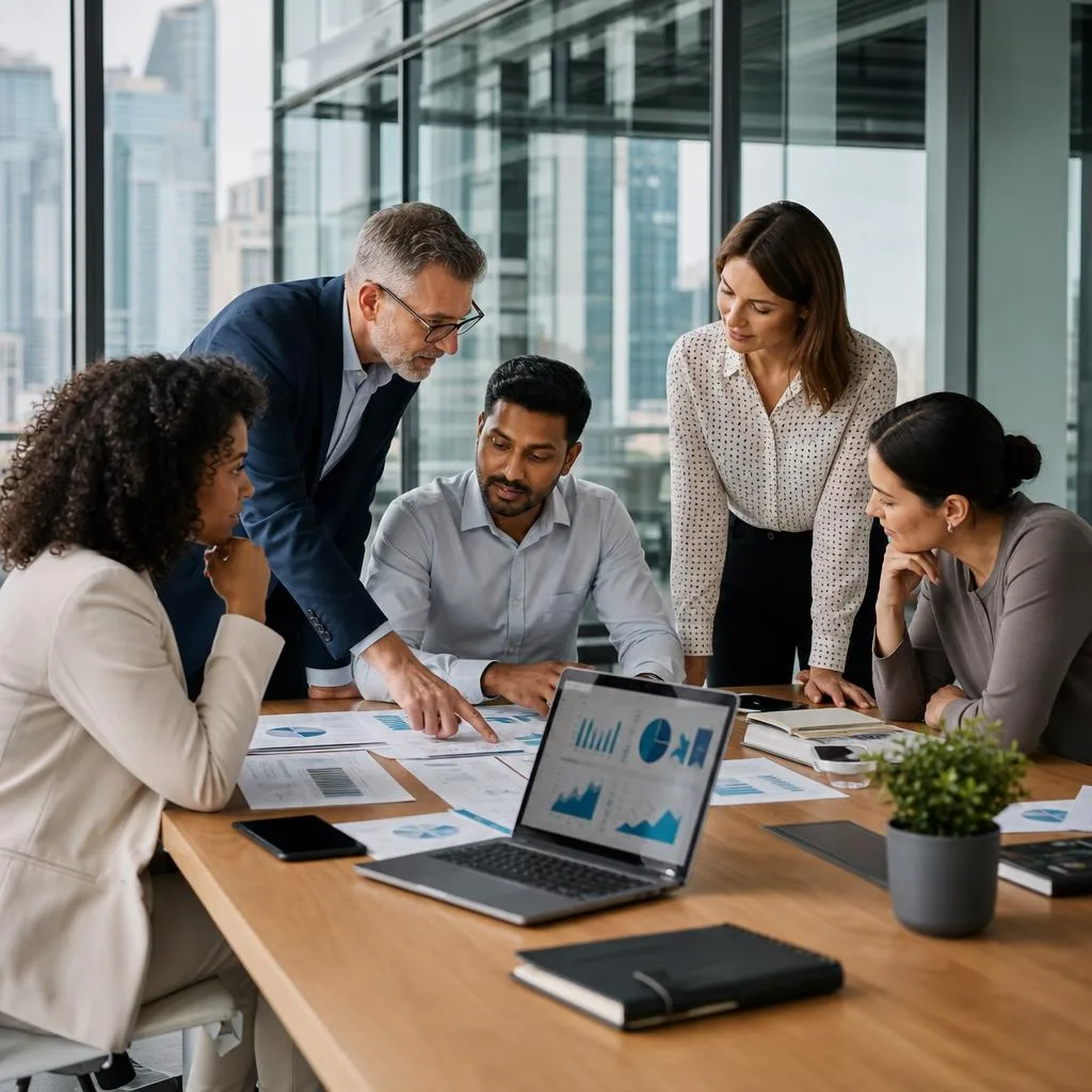 A professional strategy session in a modern, bright business consulting office, with diverse business owners gathered around