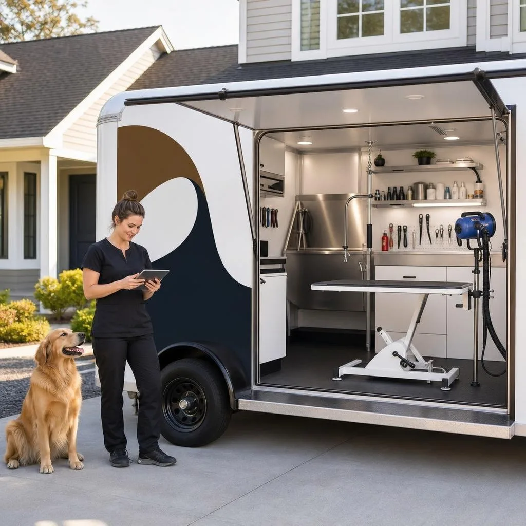 A professional scene showing a modern white mobile dog grooming trailer parked outside a clean suburban home, with the side d