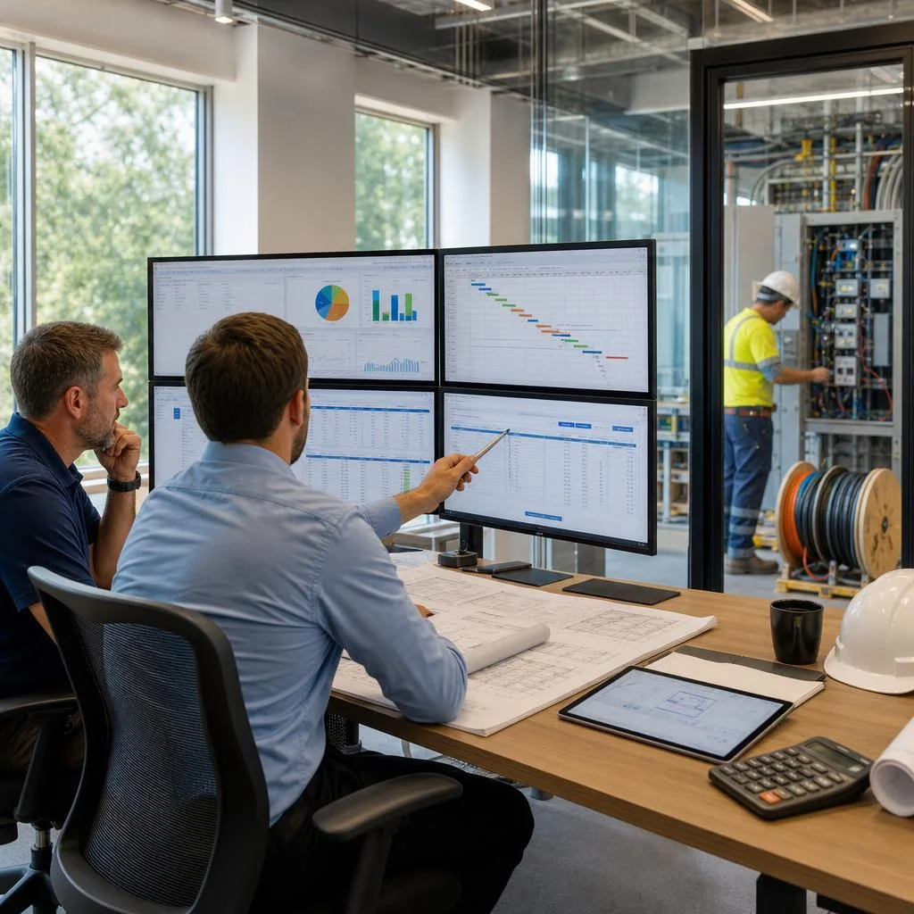 A professional scene inside a modern electrical contracting company office, with a business owner and project manager reviewi