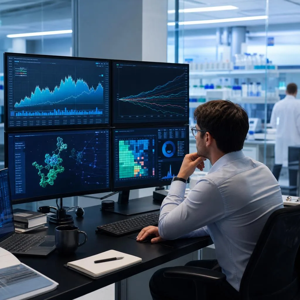 A professional financial research scene showing a modern analyst workspace with multiple monitors displaying abstract biotech