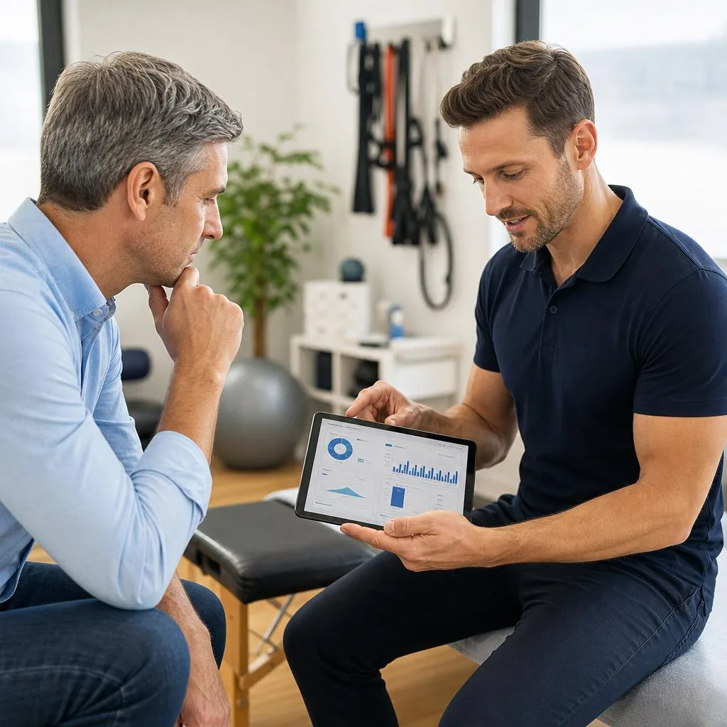 A professional physiotherapy clinic consultation scene with a confident physiotherapist reviewing a modern business performan