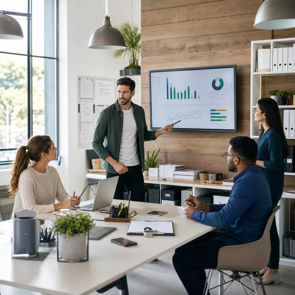 A professional business growth scene in a modern service company office, with a confident business owner reviewing a clean gr