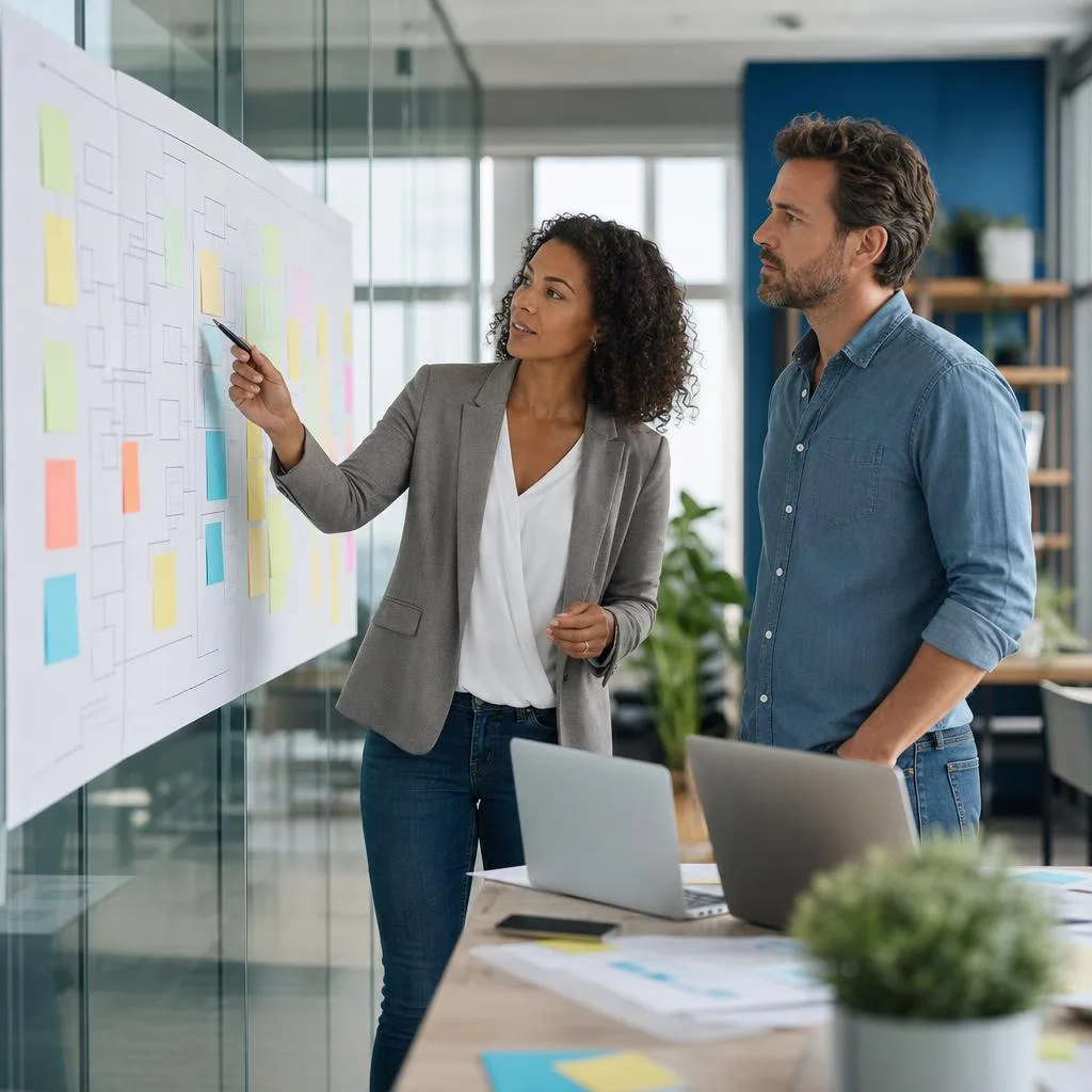 A professional modern office scene showing a small business owner and a process consultant reviewing a large workflow diagram