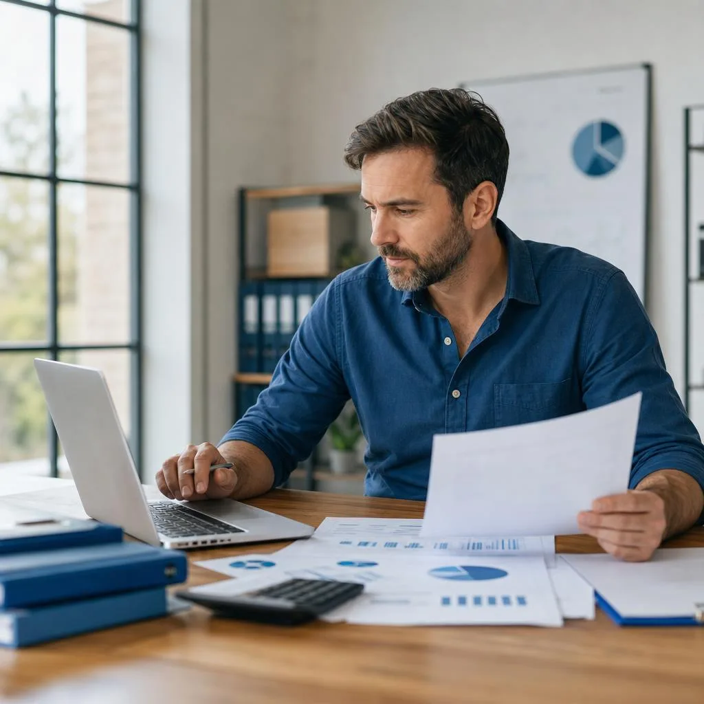 A professional modern scene of a small business owner in a bright contemporary office reviewing financial charts, invoices, a
