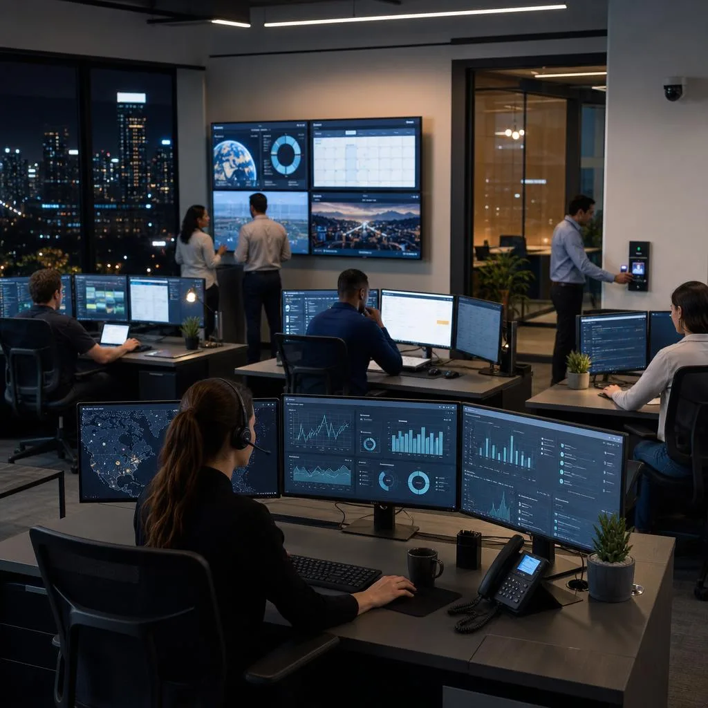 A professional modern business operations scene showing a bright 24-hour service center at night, with a diverse small busine