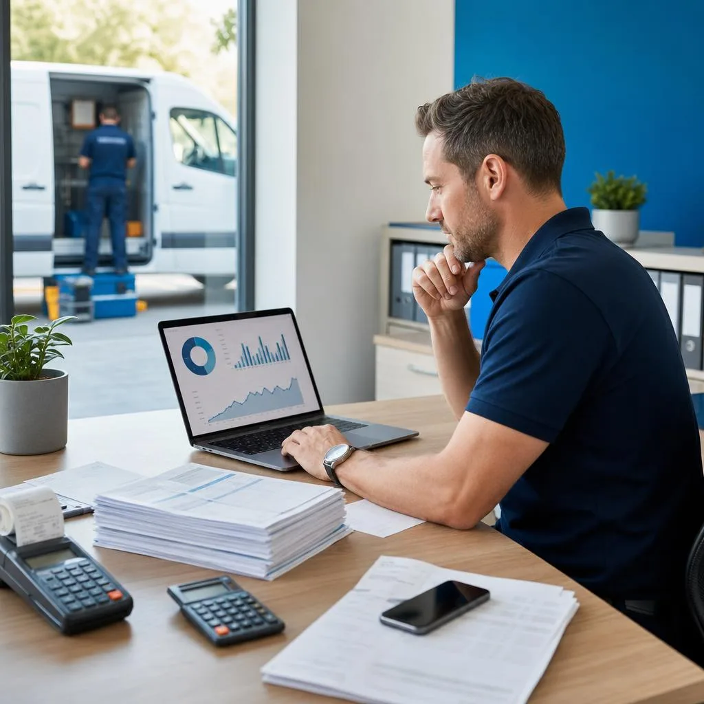 A modern appliance repair business office with a professional owner reviewing clear financial charts on a laptop beside organ