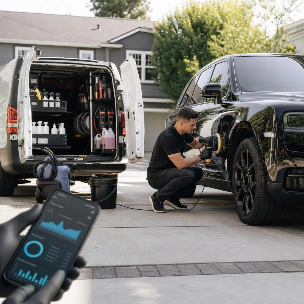 A professional marketing scene showing a modern mobile auto detailing van parked in a clean suburban driveway beside a freshl