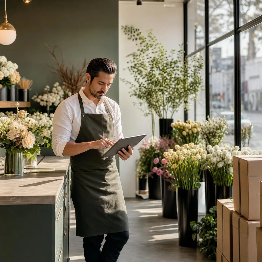 A professional modern flower shop in Los Angeles with a florist reviewing financial charts on a tablet beside buckets of fres