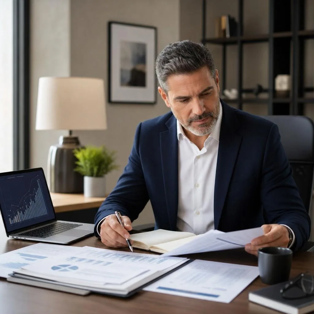 A professional business owner and experienced coach reviewing growth charts, operating plans, and financial reports at a mode