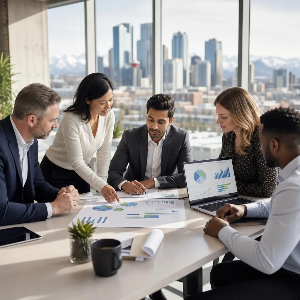 A professional scene inside a modern Calgary business office, showing a diverse group of business owners and consultants gath